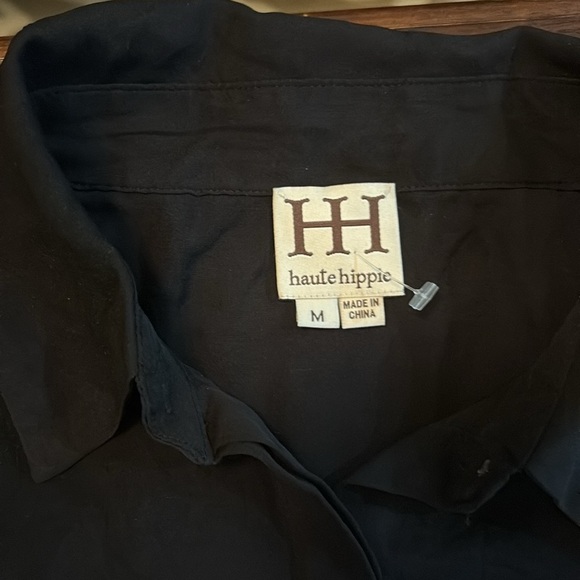 Haute Hippie Silk Black Button up Tank w/ Rhinestone Cap Sleeves. Medium - Picture 2 of 10